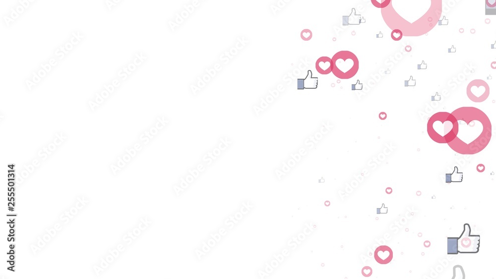 animation of social media likes and loves apearing on white background and flying fast to the top of composition