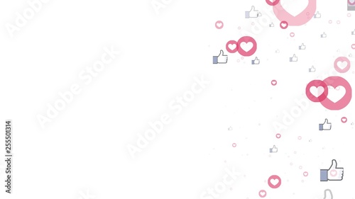 animation of social media likes and loves apearing on white background and flying fast to the top of composition