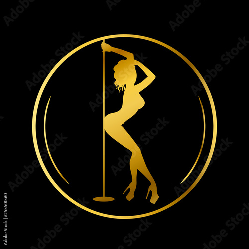 Gold logo for Dance studio, Pole dance, stripper club. Silhouette pole dance on a black background. Pole dance exotic vector illustration. Vector illustration for logotype, icon, banner