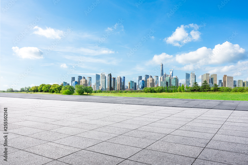 Shanghai city skyline panorama and empty square floor