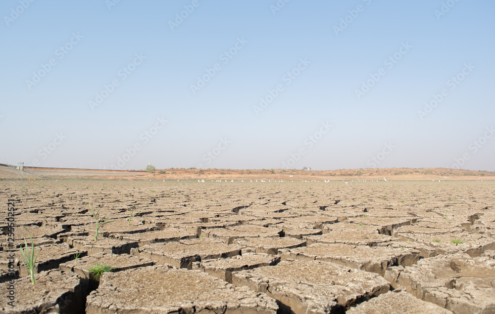 A dried up empty reservoir or dam during a summer heatwave, low rainfall and drought in north karnataka,India A dried up empty reservoir or dam during a summer heatwave, low rainfall and drought in north karnataka,India