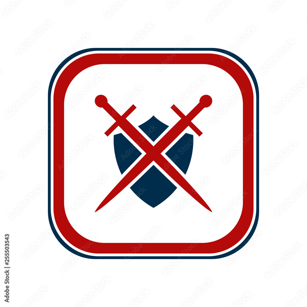 Obraz premium Shield and sword emblem in a square frame.