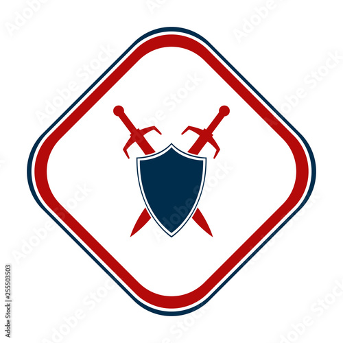 Shield and sword emblem in a square frame. Free Download Shield and sword emblem in a square frame. - GFXLoad