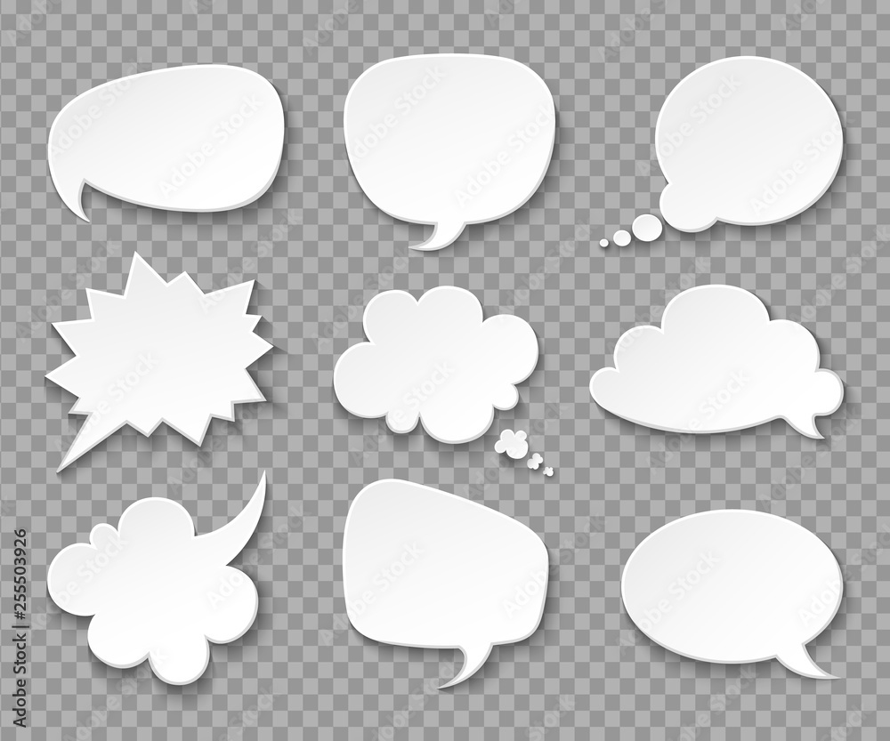 Thought balloons. Paper white speech clouds. Thinking bubbles retro 3d comics vector set Thought balloons. Paper white speech clouds. Thinking bubbles retro 3d comics vector set