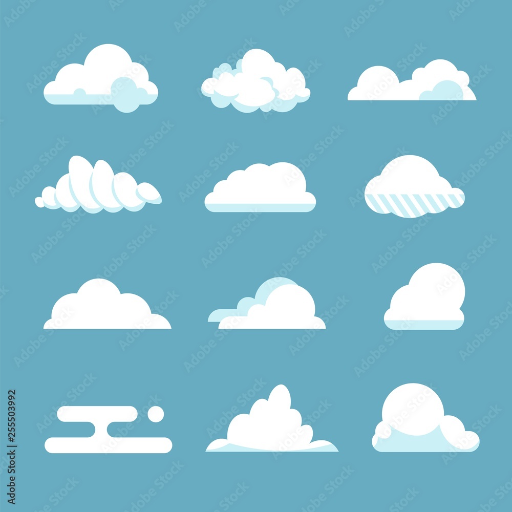 Flat sky cloud. Blue fluffy cartoon shapes white atmosphere cloudy elements vintage abstract overcast. Vector clouds set Flat sky cloud. Blue fluffy cartoon shapes white atmosphere cloudy elements vintage abstract overcast. Vector clouds set