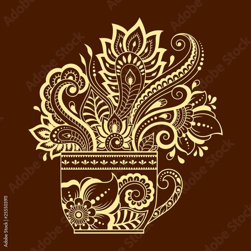Stylized with henna tattoos decorative pattern in form of cup of coffee for decorating covers for book, notebook, casket and magazine. Flower in mehndi style in eastern tradition. Coloring book page.