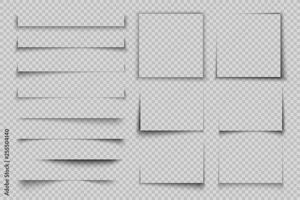 Paper shadow effect. Rectangle box square shadow, realistic transparent label element, banner poster flyer vector shadow set