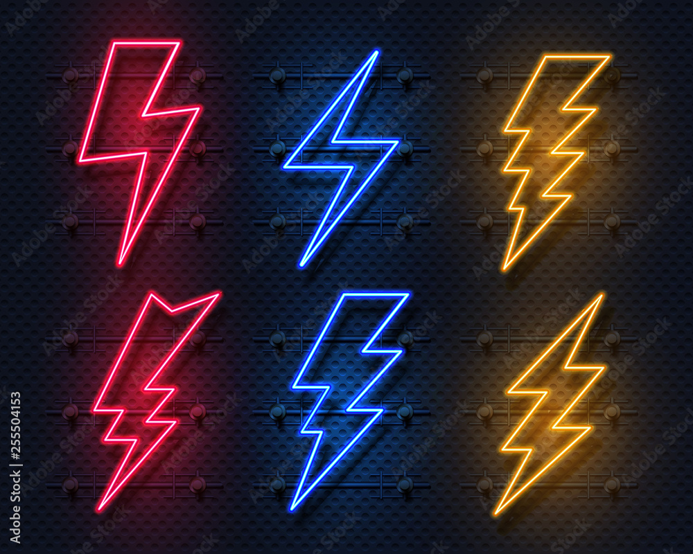 Vecteur Stock Neon lightning bolt. Glowing electric flash sign