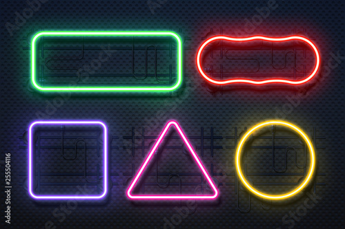 Neon light frame. Retro banner element, futuristic purple electric border, neon glow rectangle banner. Vector realistic neon lines set