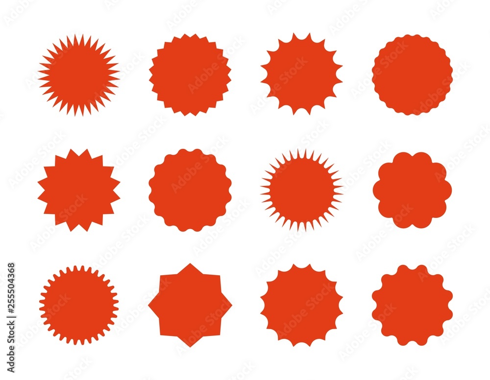Starburst price stickers. Star sale banners, red explosion signs, sunburst speech bubbles. Vector set red silhouettes on white backgrounds