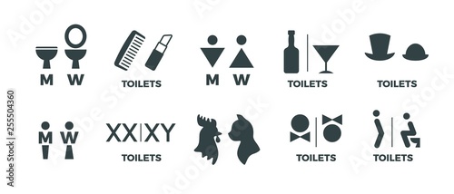 Toilet signs. Funny WC man and woman direction icons, restaurant cafe cinema restroom door signs. Vector toilet symbols set photo