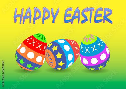  Illustration of Happy Easter Holiday with Painted Eggs on Colorful Background. Spring Celebration Design