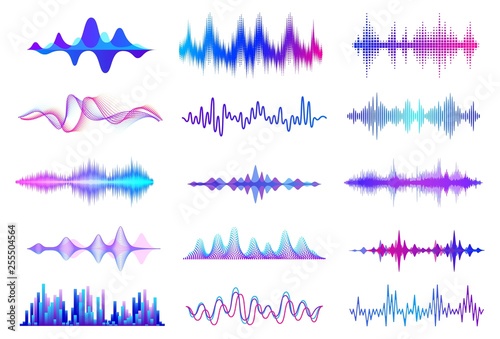 Sound waves. Frequency audio waveform, music wave HUD interface elements, voice graph signal. Vector audio wave set © SpicyTruffel