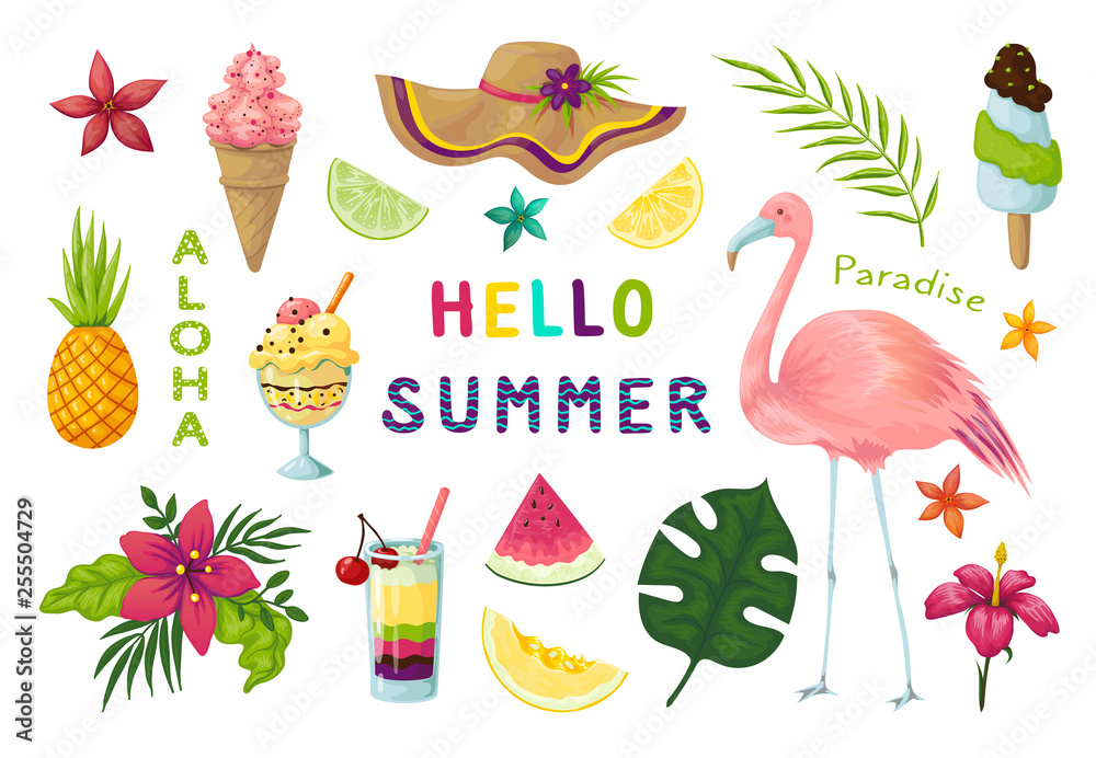 Exotic stickers. Cute summer tropical elements, pink flamingo fruits cocktails flowers leaves scrapbook collection. Vector summer stickers