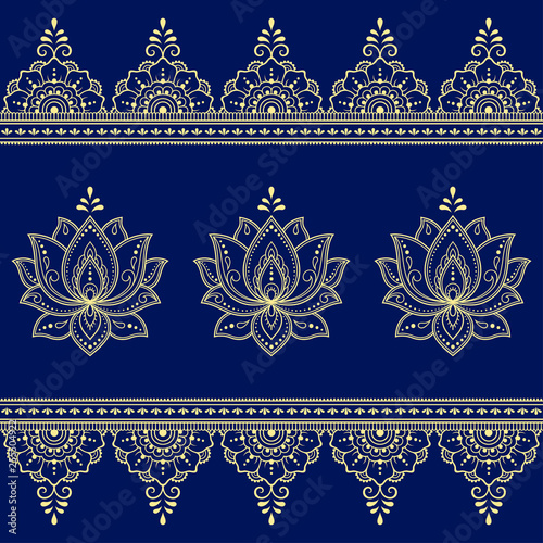 Set of lotus mehndi flower pattern and seamless border for Henna drawing and tattoo. Decoration in oriental, Indian style. Doodle ornament. Outline hand draw vector illustration.