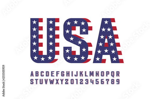 USA national flag style font, alphabet letters and numbers
