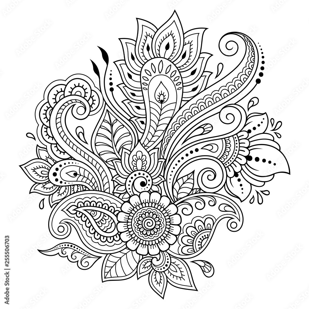 Mehndi decorative flower pattern for Henna drawing and tattoo. Decoration in ethnic oriental, Indian style. Doodle ornament in black and white. Outline hand draw vector illustration.
