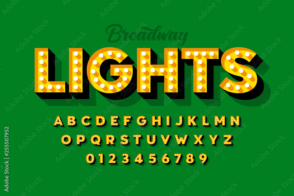 Broadway lights, retro style light bulb font, vintage alphabet, letters
