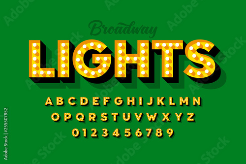 Broadway lights, retro style light bulb font, vintage alphabet, letters and numbers