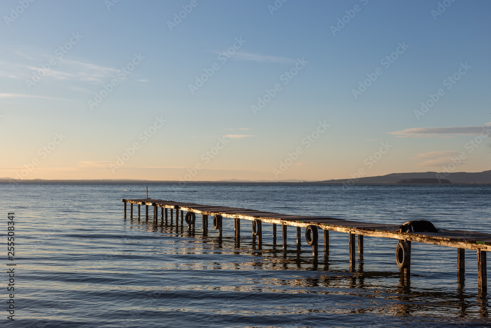 A dog resting on a pier overa a lake, with warm golden hour light