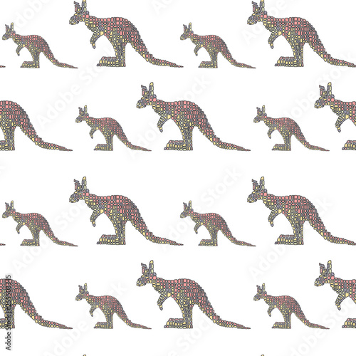 Fototapeta Naklejka Na Ścianę i Meble -  Vector seamless pattern in Mondriaan (Mondrian) style big and small multicolored kangaroo on a white background for baby bedding, textile, wallpaper, wrapping, furnishings, upholstery, cover, web.