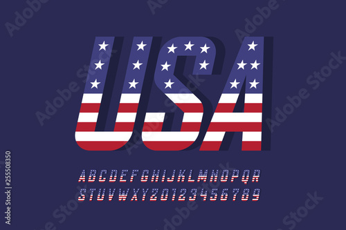 USA national flag style font, alphabet letters and numbers