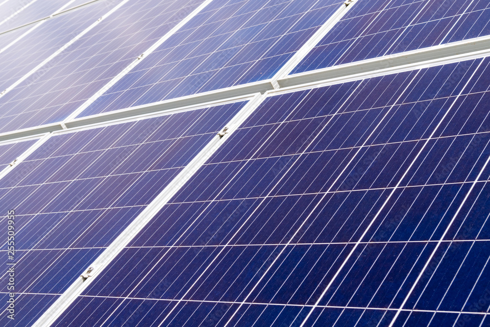 Closeup on solar cell photovoltaic panels at energy production plant Closeup on solar cell photovoltaic panels at energy production plant