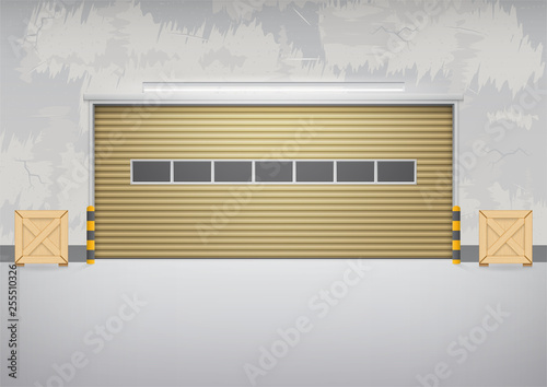 Roller door or roller shutter. Also called security door or security shutter. For protect residential, commercial and industrial building i.e. house, factory, warehouse, hangar. Vector illustration.