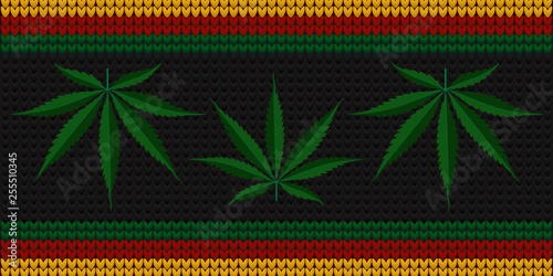 Multicolored knitted background with cannabis leaves. Vector illustration