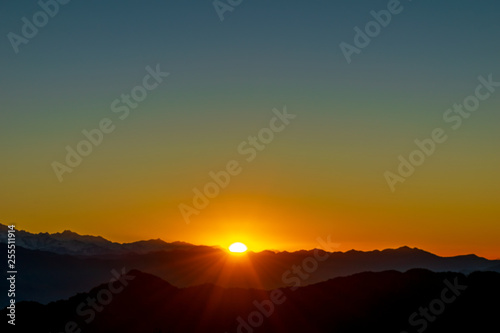 Sunrise over the Shivalik Range, Himalayas- taken from Hatu peak, Narkanda