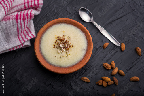 phirni - sweet rice pudding - traditional punjabi sweet dish in earthen plate photo