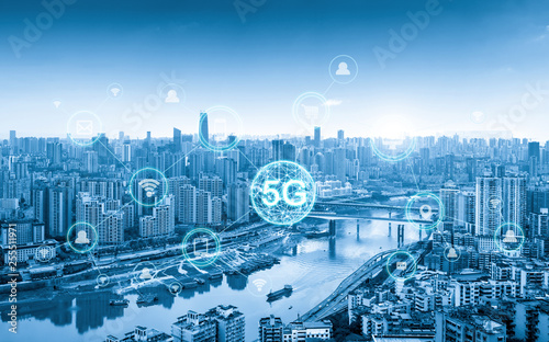 Wireless communication network concept.Panorama of Modern City