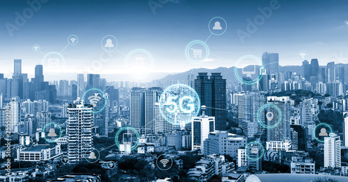 Wireless communication network concept.Panorama of Modern City