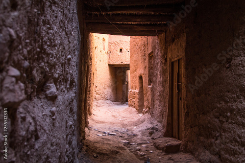 Narrow deserted street close up of a traditional Berber city. Africa Morocco Ouarzazate