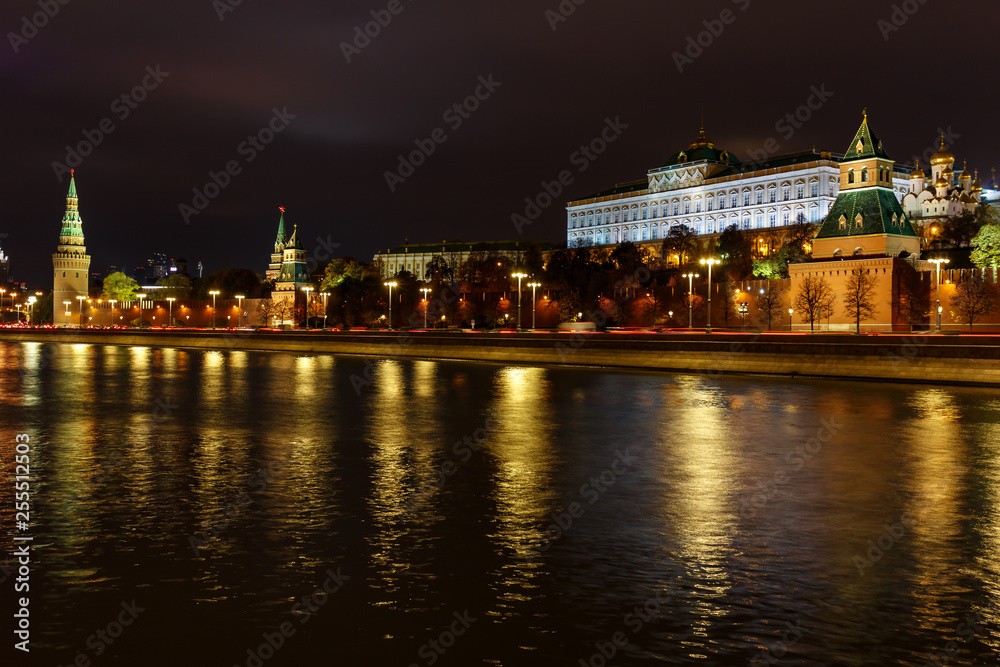 Night landscape of Moscow Kremlin with illumination on a background of Moskva river