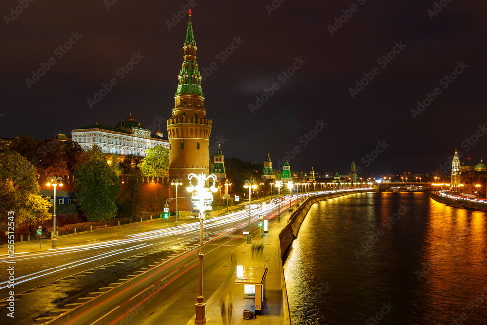 Moscow Kremlin on a background of Moskva river at night. City landscape