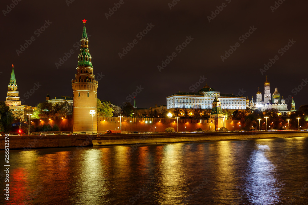 Kremlevskaya embankment on a background of Moskva river and Moscow Kremlin at night