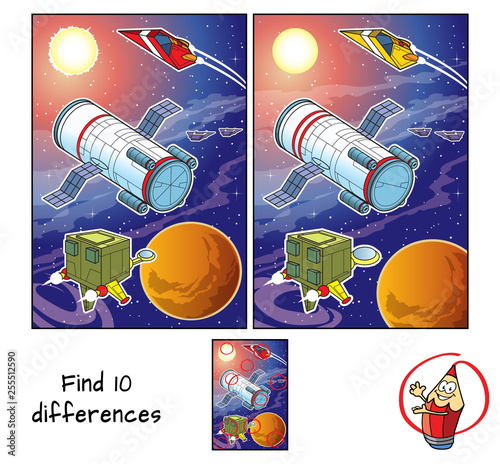Space station orbiting the planet and space ships. Find 10 differences. Educational matching game for children. Cartoon vector illustration