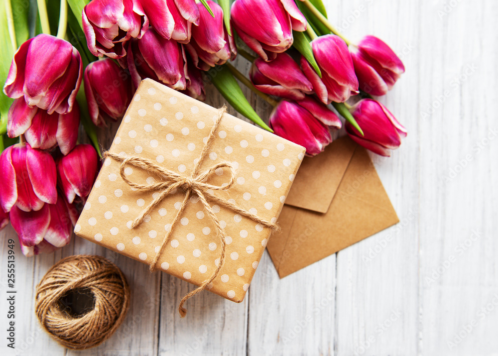 Gift box and tulips bouquet