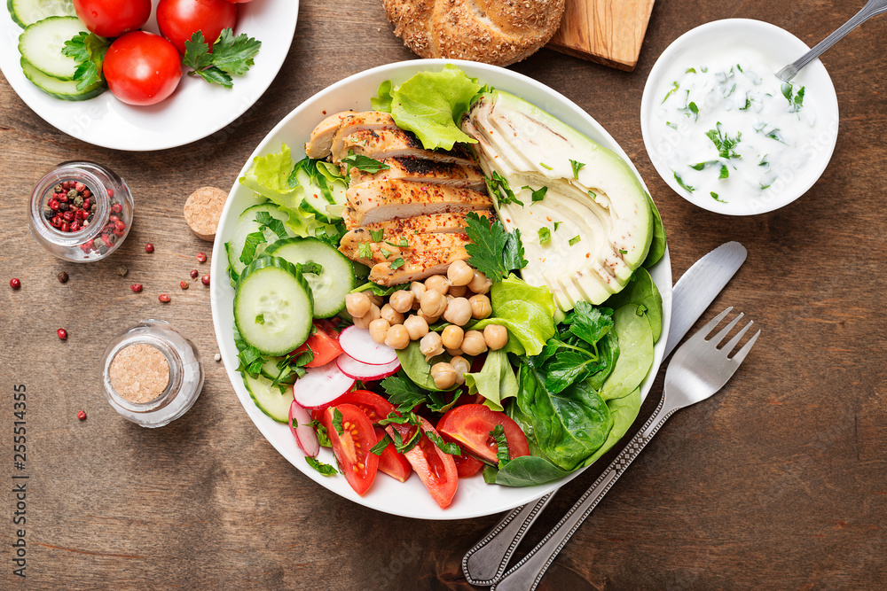 Salad with chicken meat. Fresh vegetable salad with chicken breast. Salad with chicken meat. Fresh vegetable salad with chicken breast.