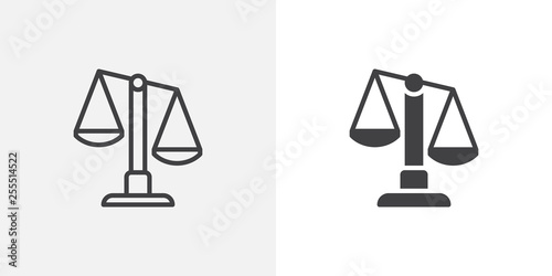 Justice scale icon. line and glyph version, outline and filled vector sign. Scales balance linear and full pictogram. Symbol, logo illustration. Different style icons set