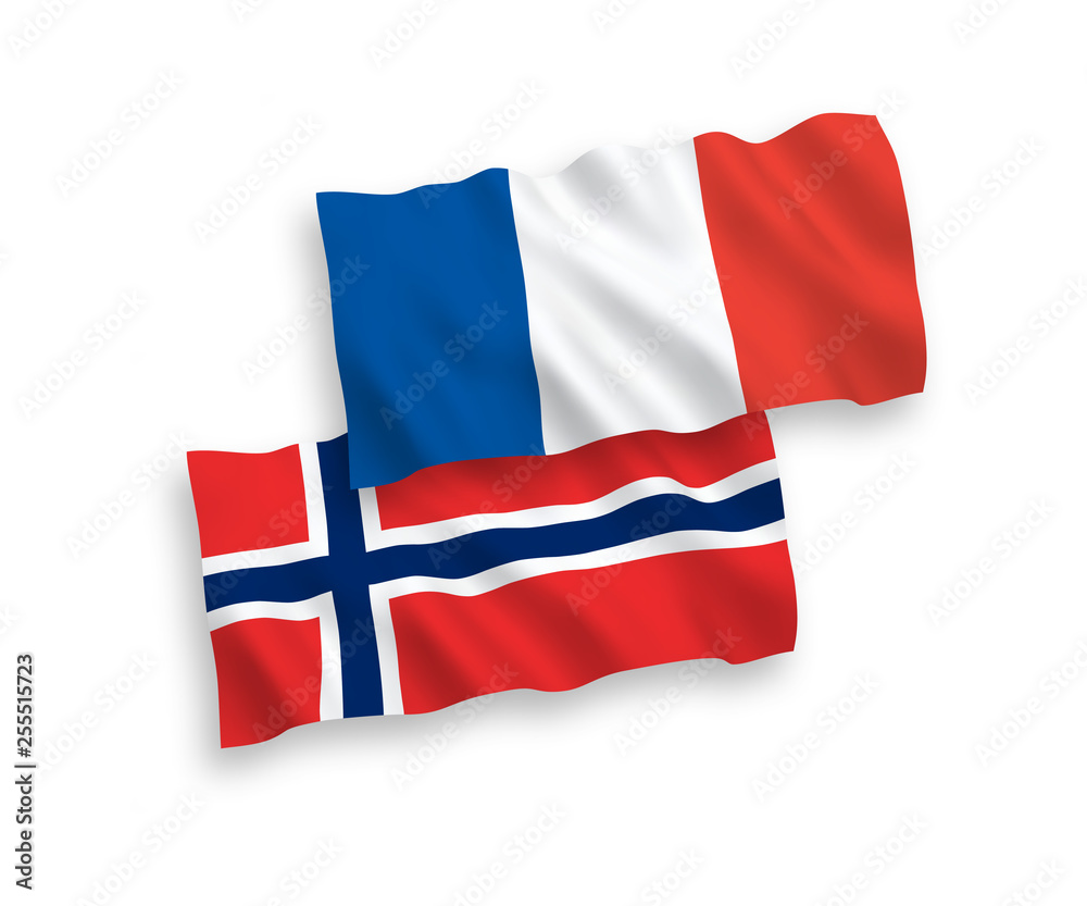 National vector fabric wave flags of France and Norway isolated on white background. 1 to 2 proportion. National vector fabric wave flags of France and Norway isolated on white background. 1 to 2 proportion.
