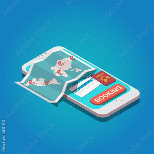 Vector isometric online booking concept. Smartphone with world map, passport and airline ticket. Hotel or travel online booking icon