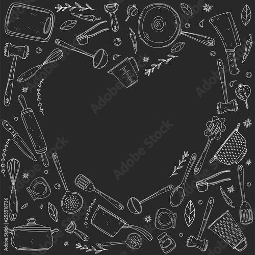 inversion heart made of elements with hand drawn kitchenware on a chalkboard background