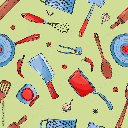 Color seamless vector pattern of elements with hand drawn kitchenware on a green background.