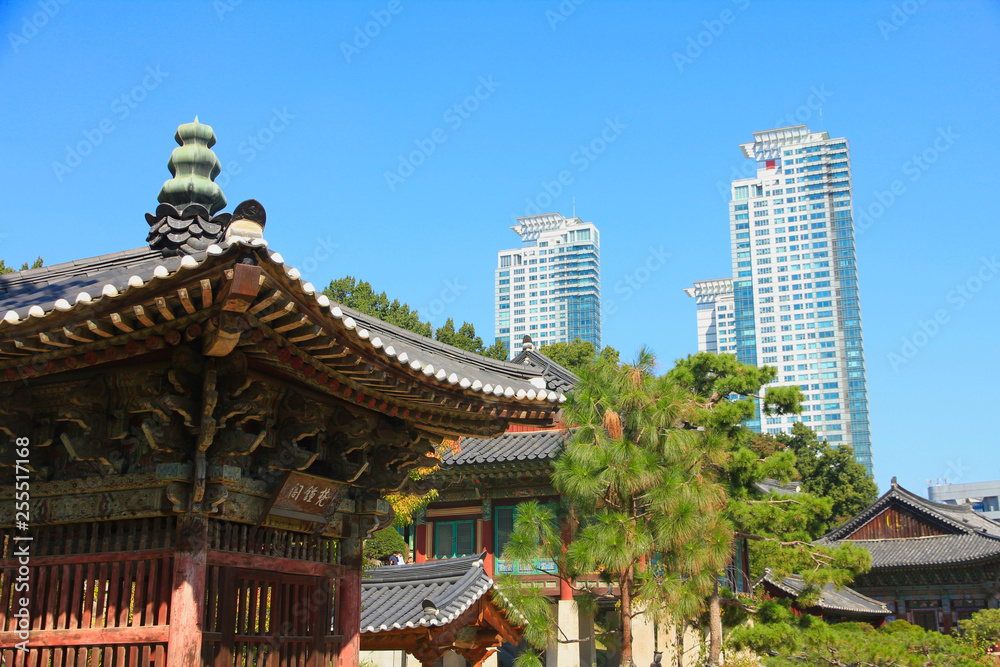 Boneungsa Temple with Modern Skyline in Background, Seoul, South Korea Boneungsa Temple with Modern Skyline in Background, Seoul, South Korea