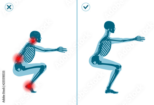 Wrong and correct air squat exercise. Right and wrong execution technique of sport gymnastics. Common mistakes in sport workout.