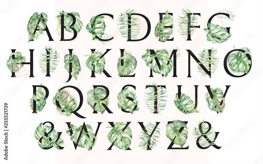 Watercolor Alphabet black tropical set of leeters with green leaves ...