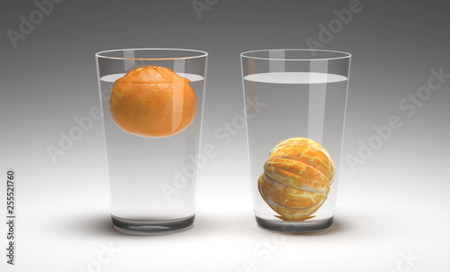Canvas Print Float or sink mandarin experiment with full of water glass
