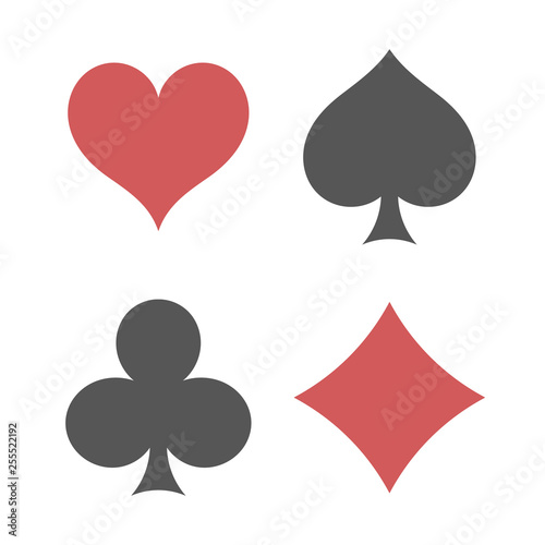 Playing cards suits. Spades, hearts, diamonds, clubs icons. Game cards signs. Isolated vector illustration
